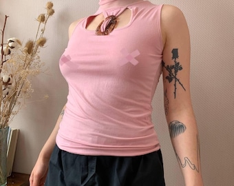 Top z siateczki Y2K – różowy golf bez rękawów w stylu vintage, z wycięciem, włoska marka SAXX, odzież uliczna na festiwale, rozmiar S