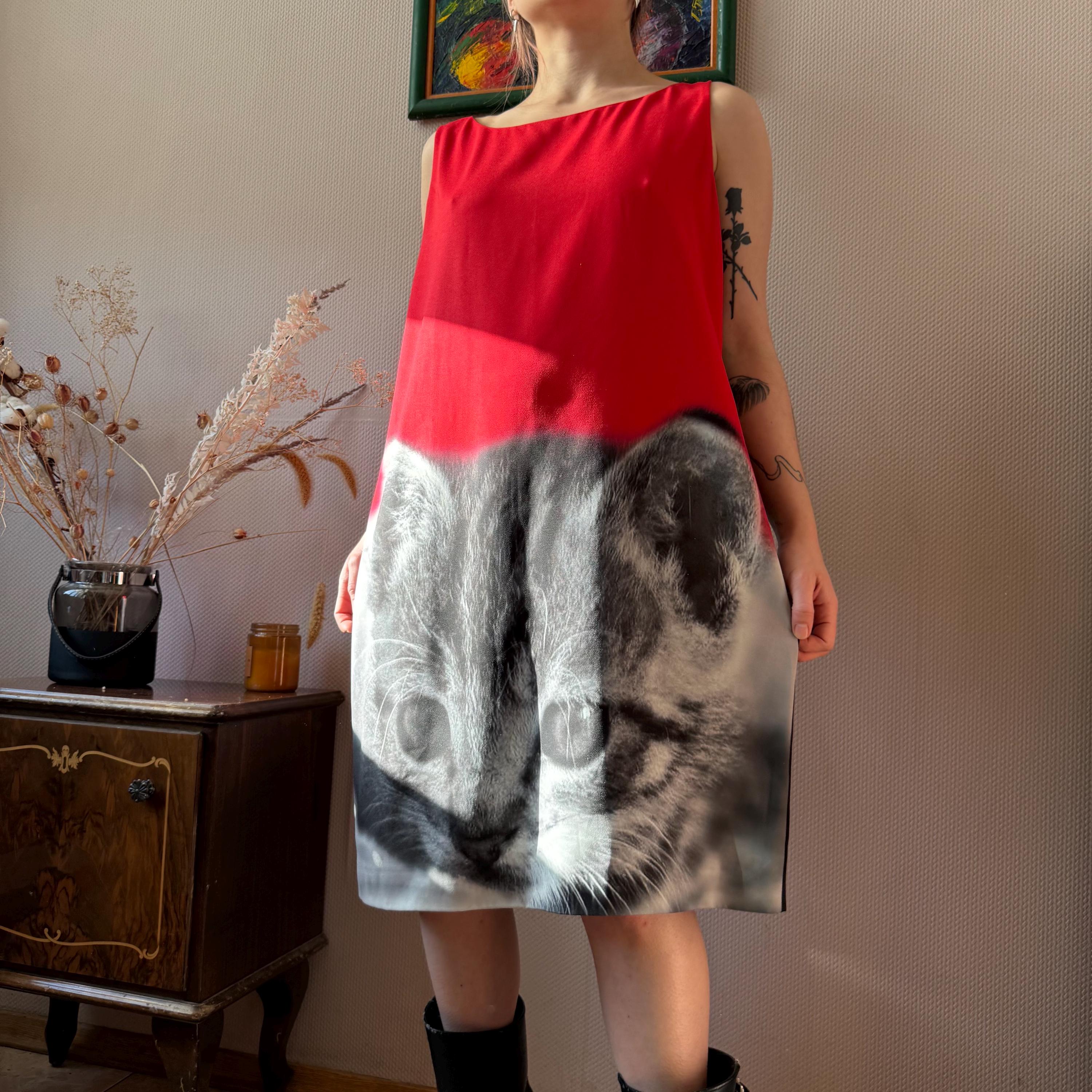 Vintage Moschino Cheap & Chic Cat Print Dress - Red Black Kitten