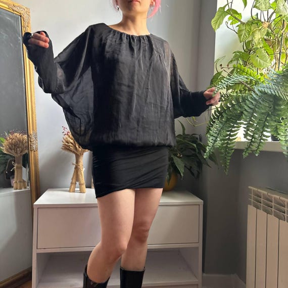 Y2k Sheer Batwing Mini Dress Black Blouson Sleeve Going Out Party Dress 90s Revival Size S