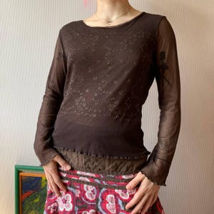 Vintage Y2K Brown Mesh Top by Per Una UK16 – Long Sleeve Glitter Floral Sheer Blouse Fairycore Romantic Goth Coquette Layering