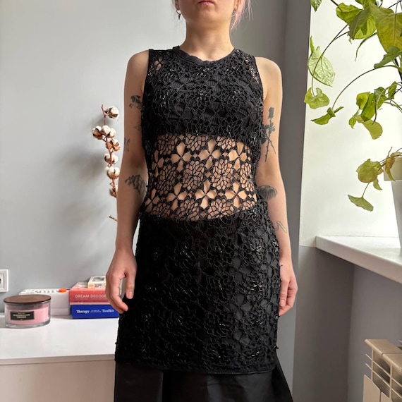 grunge mini dress Vintage Black Beaded Crochet | Open Weave Floral Lace Sheer Sleeveless Cut-Out Party Dress | Y2K Goth Witchcore priority-collection: Christmas Female