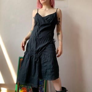 Vintage 2 Two Black Midi deconstructed Dress | French Designer Asymmetrical Slip | Y2K Gothic Indie Streetwear | Minimalist Grunge Dark Acad