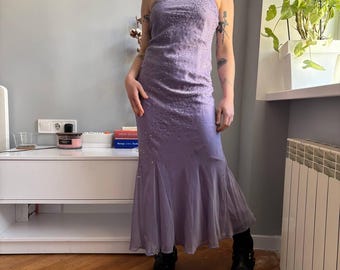 Vintage Y2K Lavender Slip Dress Rhinestone Satin Maxi Dress Fairycore Prom Dress Bias Cut Evening Gown 90s 2000s Lilac Dress