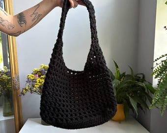 Handmade Crochet Shoulder Bag Black Chunky Knit Boho Cottagecore Yarn Bag