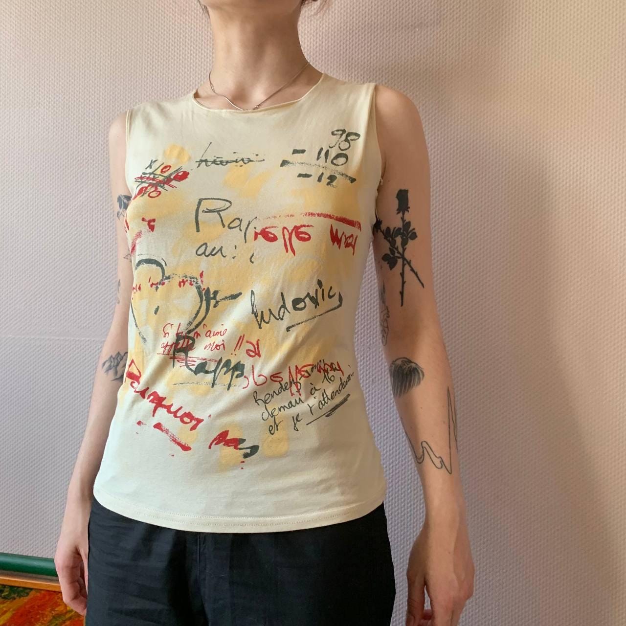 Vintage Y2K Mesh Graffiti Tank Top – Sheer Layered Vest 