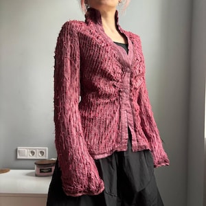 Vintage Silk Crinkle Jacket Berry Burgundy Fitted Blazer wide sleeves Ruched Texture Avant Garde Dark Romance