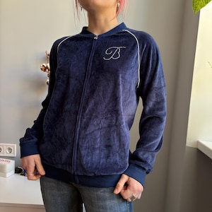 Vintage Buffalo Y2K Velour träningsjacka – Marinblå 2000-tals dragkedja med strasslogotyp – McBling Indie Sleaze Velour Hoodie-stil