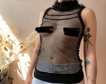 Beate Heymann Mesh Top – Vintage Avant-Garde Sheer Y2K Grungecore Streetwear Designer Couture, Black Festival Goth Punk See Through Tank