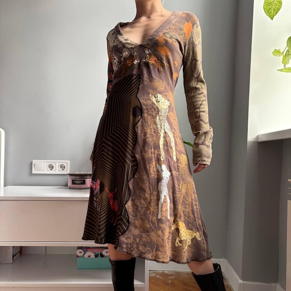 desigual brown dress Vintage Cotton Midi Maximalist Mixed Print Gold Foil Horse Butterfly Geometric 100% Cotton Embrace effortless elegance with sustainability_1 Elegant Black and White Size:M8