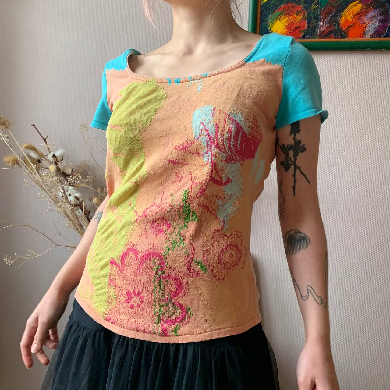 Aldo Martin Abstract Floral Knit Top: 2000s Y2K Patchwork Tee (UK