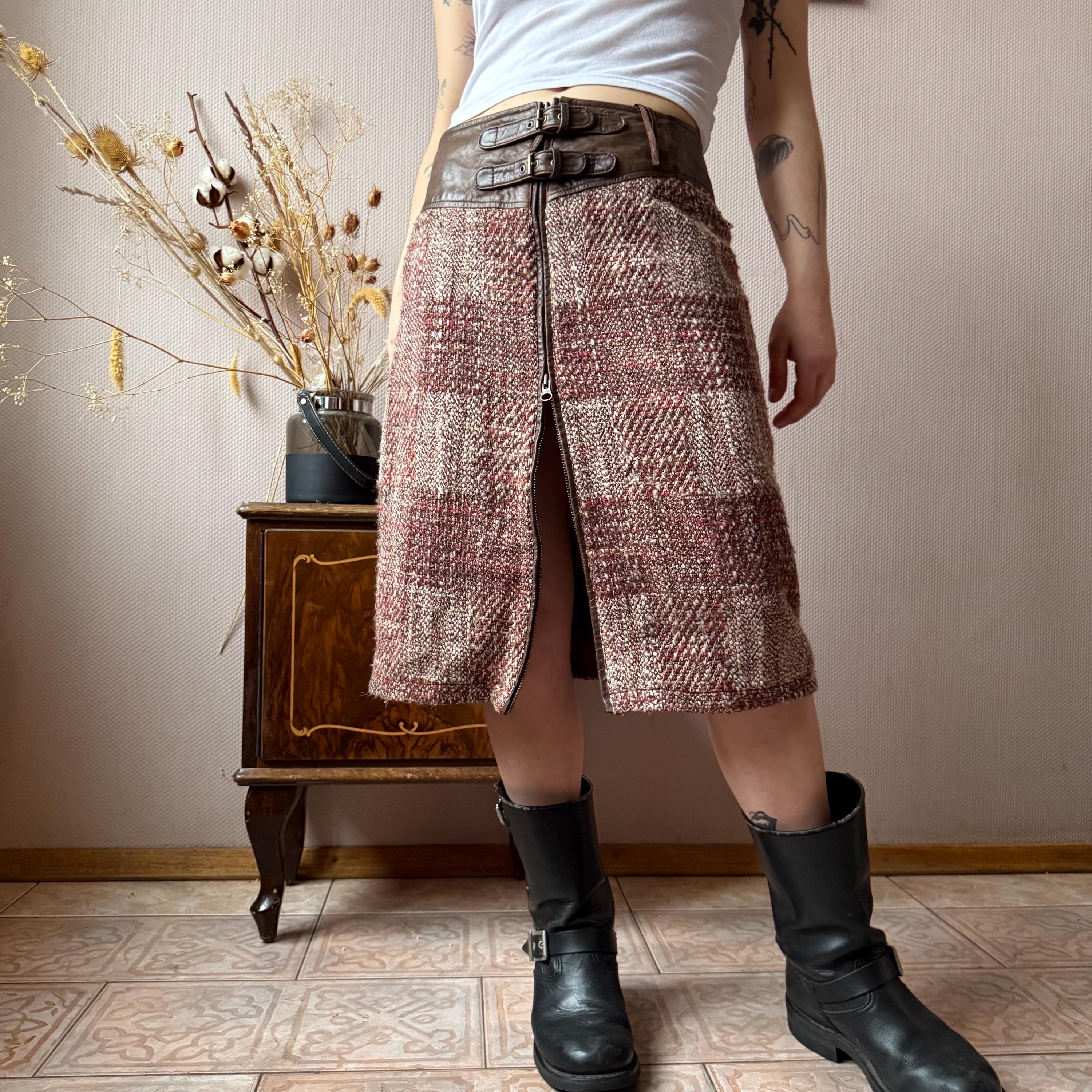 スカート sheller Leather combination tweed skort Houndstooth Way