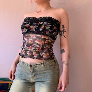Y2K Sheer Black Floral Lace Tube Top: Vintage Strapless Clubwear