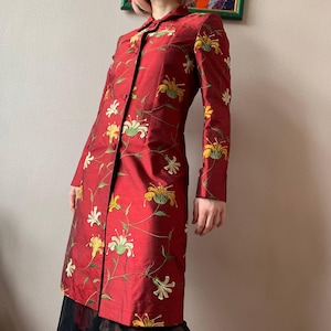 Vintage Red Silk Embroidered Jacket: Floral Brocade Asian Coat, 90s Boho Chic