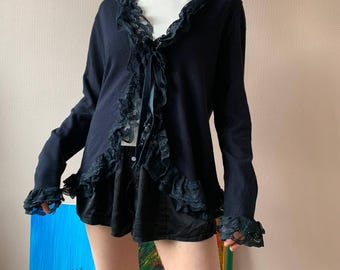 Vintage Y2K 00's 2000's Unique Black Ruffled Bell Sleeve