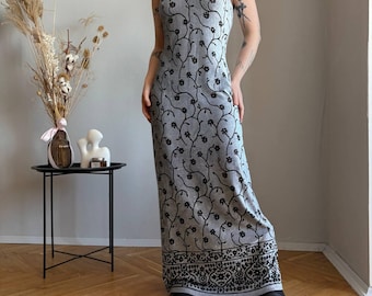 Vintage Y2K Maxi Slip Dress Floral Grey Black Strappy 90s Minimal Gown