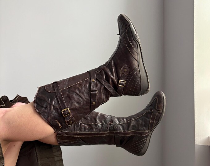 Vintage Brown Distressed Leather Knee High Boots Harness Buckle Moto ...