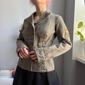 Designer Stefanel Khaki Military Jacket Fitted Cotton Utility Blazer Y2K Army Style (S)