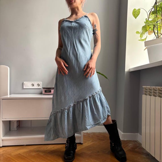 midi denim slip dress Alice + Olivia Julietta | Blue improving wearability Denim Midi Sun Dress For