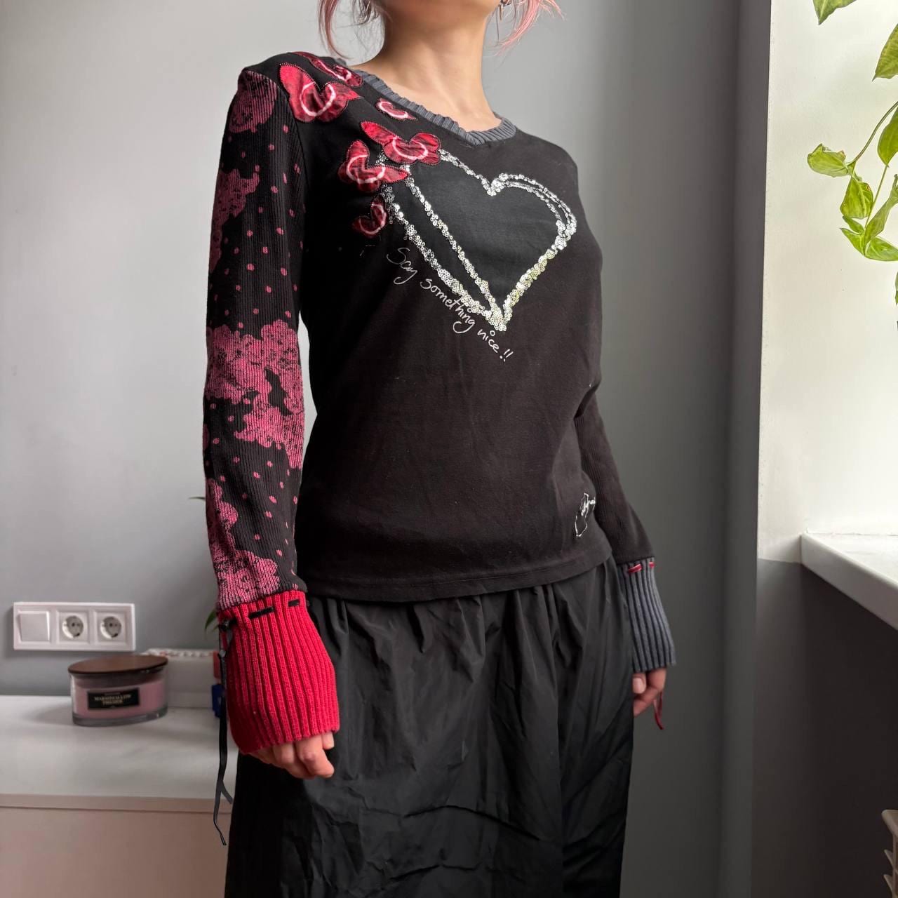 Desigual Y2K Sequin Heart Patchwork Sleeve Top Black Cotton “say