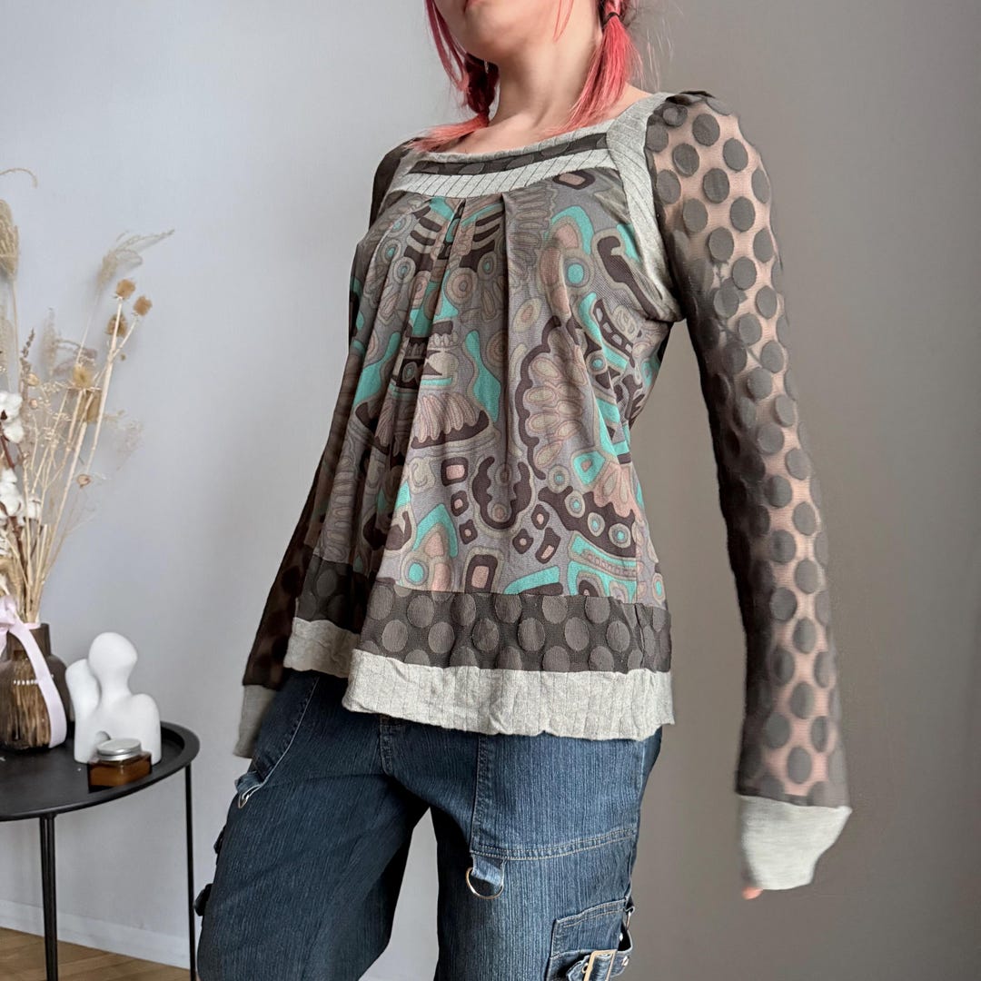 One Step Boho Mesh Top S – Brown Turquoise Ethnic Print Long Sleeve ...