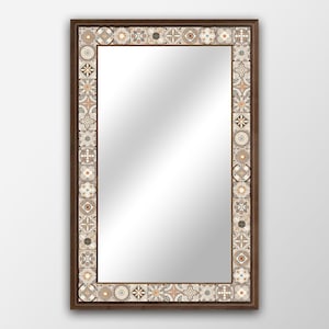 Rustic Tile Mosaic Mirror, Wooden Frame, Natural Stone Accent