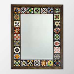 Handmade Mediterranean Mosaic Mirror, Wooden Frame Accent Ceramic Wall Decor