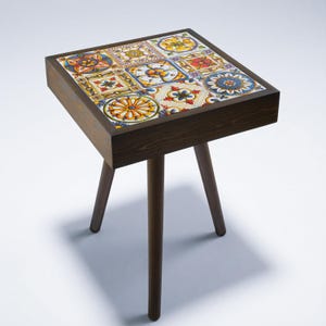 Anatolian Ceramic Tile Side Table | Handcrafted Wooden Table, Walnut Finish