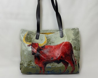 Roter Stier handgemalte Leinwandkunst Tasche