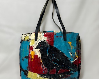 Borsa artistica in tela dipinta a mano con corvo