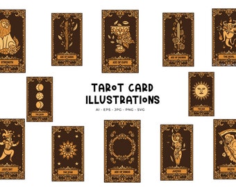 May include: A set of 12 tarot card illustrations in a vintage style. The cards feature a variety of symbols and imagery, including a lion, a sword, a cup, and a sun. The cards are all set against a dark brown background with gold accents.