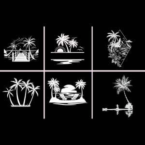 Puede incluir: Seis ilustraciones en blanco y negro de palmeras, playas y puestas de sol. Las ilustraciones son de estilo minimalista y presentan líneas y formas simples.