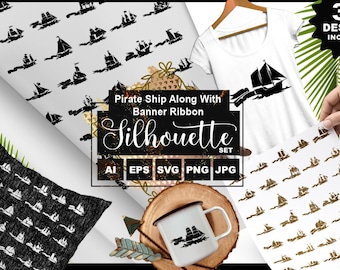 Pirate Ship SVG Bundle | Vintage Pirate Ship Silhouettes for Cricut, Nautical Cut Files | Instant Download Clipart Set for Crafts