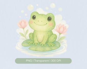 May include: Watercolor illustration of a smiling green frog sitting on a lily pad, with two pink flowers and bubbles in the background. The frog has rosy cheeks and big eyes. The image has a light blue background and the text "PNG | Transparent | 300 DPI".