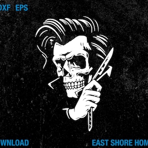 May include: Black and white illustration of a skull with slicked back hair holding a straight razor.