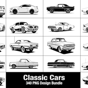 May include: A collection of 340 black and white illustrations of classic cars. The images are in a grid format and feature various makes and models of cars from the 1960s and 1970s. The text "Classic Cars 340 PNG Design Bundle" is at the bottom of the image.