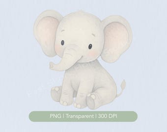 Watercolor Baby Elephant PNG, Cute Elephant Clipart for Nursery Printable Wall Art, Gender Neutral Baby Room Decor, Instant Digital Download