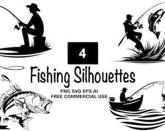 4 釣りシルエット バンドル | Cricut および Silhouette 用の漁師 SVG PNG クリップアート | T シャツ、デカール、デジタル ダウンロード用の釣りカット ファイル