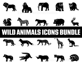 Wild Animal Icons Svg Bundle | Safari Jungle Animal Silhouettes | Lion Elephant Bear Fox Giraffe Svg Png Dxf Eps For Cricut & Silhouette