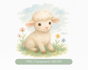 Baby Lamb PNG Clipart, Watercolor Baby Lamb Nursery Wall Art Printable, Cute Farm Animal Decor, Gender Neutral, Instant Download