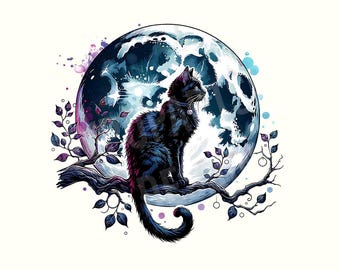 Black Cat with Full Moon PNG Clipart | Mystical Witchy Cat Art, Gothic Halloween Cat Digital Download, Celestial Moon Phases Decor