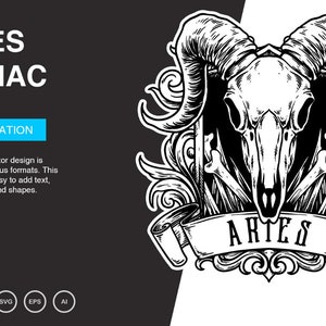 May include: Black and white illustration of a ram skull with horns, surrounded by ornate floral designs. The word "ARIES" is written in a banner below the skull.