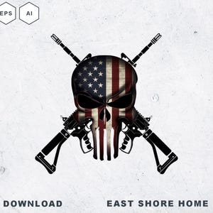 Pode incluir: Uma silhueta preta e branca de um crânio com um design de bandeira americana. Duas armas de fogo são cruzadas atrás do crânio.