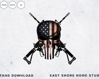 Patriotic Skull American Flag SVG PNG, Second Amendment 2A Skull, USA Punisher Skull with Rifles, Military Cut Files for Cricut Silhouette