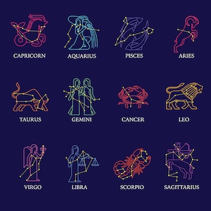 12 Zodiac Signs SVG Bundle - Celestial Bodies, Astrology PNG Art, Horoscope Designs, Star Signs - Digital Clipart for Cricut