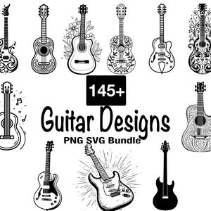 145+ Guitar PNG SVG Bundle, Acoustic & Electric Guitar Clipart, Music Instrument Silhouettes, Instant Digital Download for Cricut
