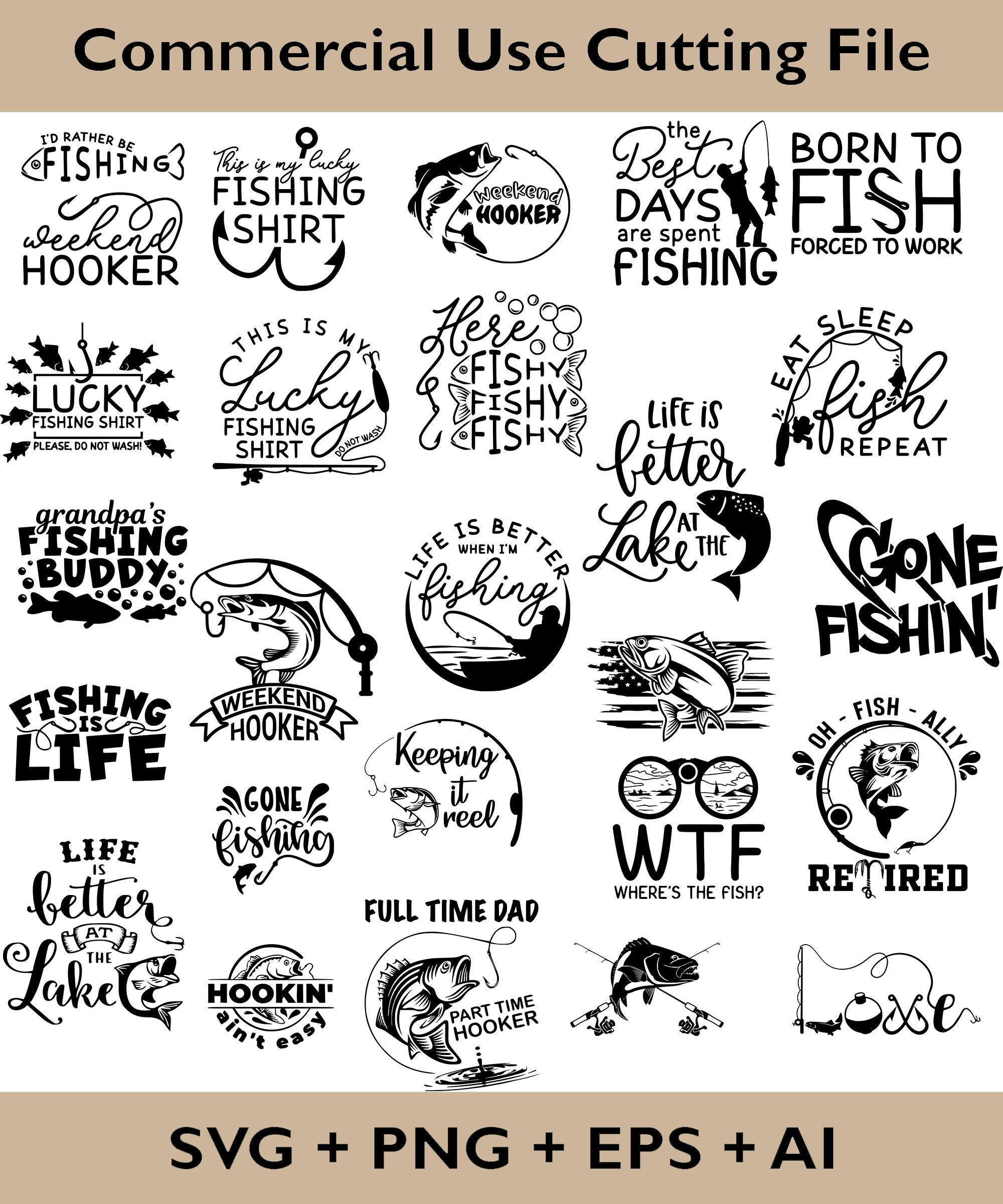 25 Fishing SVG Bundle | Fishing Designs for T-Shirts, POD, Merch | Fishing Clipart, PNG, Eps | Cricut Cut Files | Digital Craft Designs