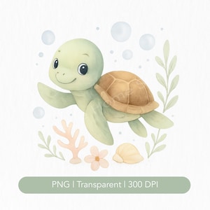 Puede incluir: Ilustración en acuarela de una tortuga marina sonriente con cuerpo verde claro y caparazón marrón. La tortuga está rodeada de burbujas, coral y algas marinas. La imagen tiene el texto "PNG | Transparent | 300 DPI".