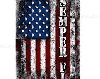 May include: A rectangular graphic print featuring a distressed American flag design with a blue canton of white stars and red and white stripes. The text SEMPER FI is printed vertically in a bold white serif font along the right side of the flag.