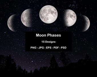 15 Moon Phases PNG Bundle - Celestial Bodies, Crescent & Full Moon, Mystical Lunar Stages - Digital Clipart for Download