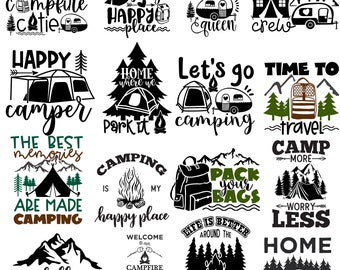 Pacchetto SVG da campeggio, 89 disegni, Avventura all'aria aperta in formato SVG, Vita da campeggio in formato SVG, Happy Camper in formato SVG, Escursionismo in formato SVG, Taglia file per Cricut, DXF, EPS, PNG
